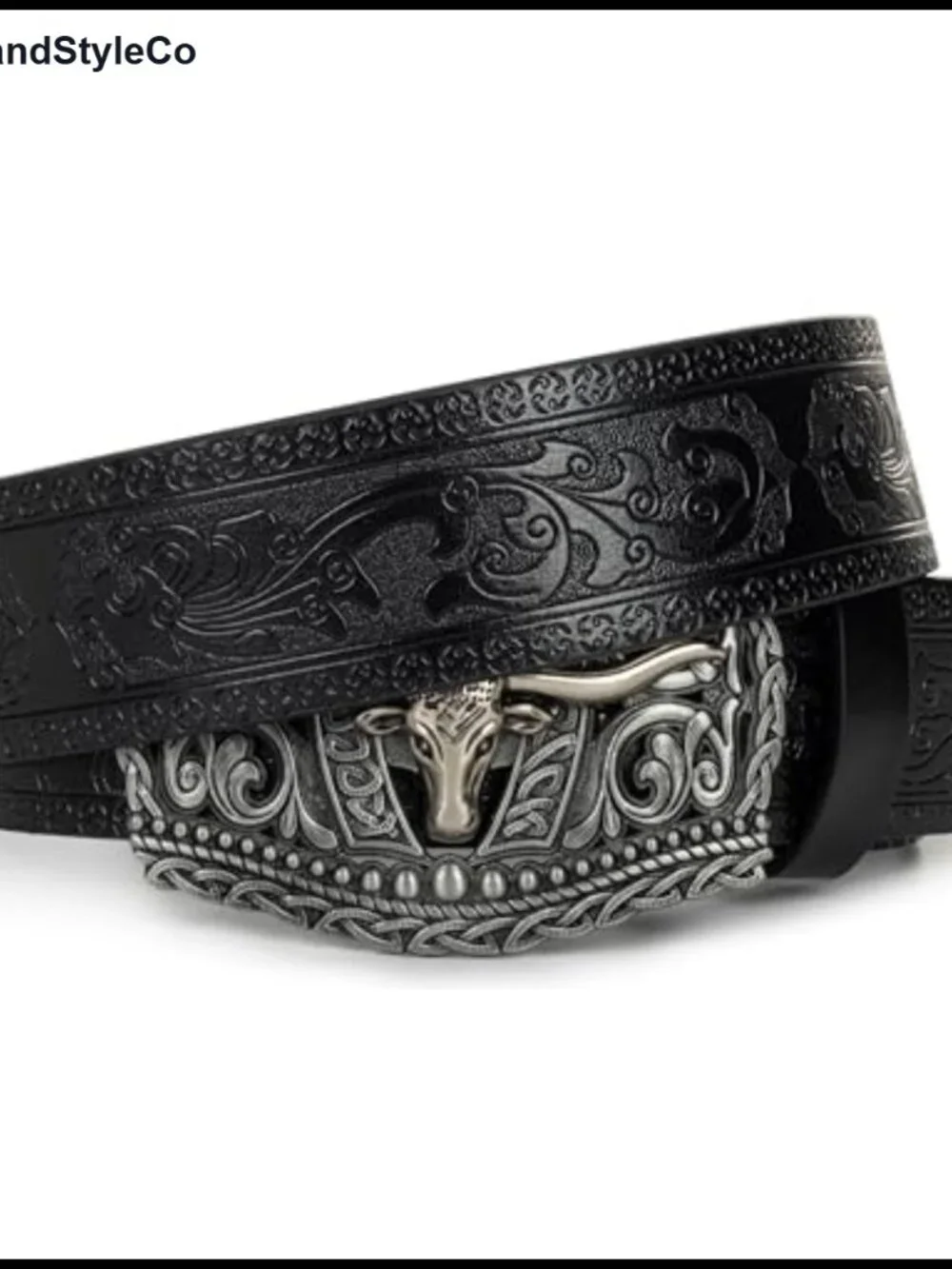 Western Cowboy PU Leather Belt Floral Embossed Bull Buckle Adjustable